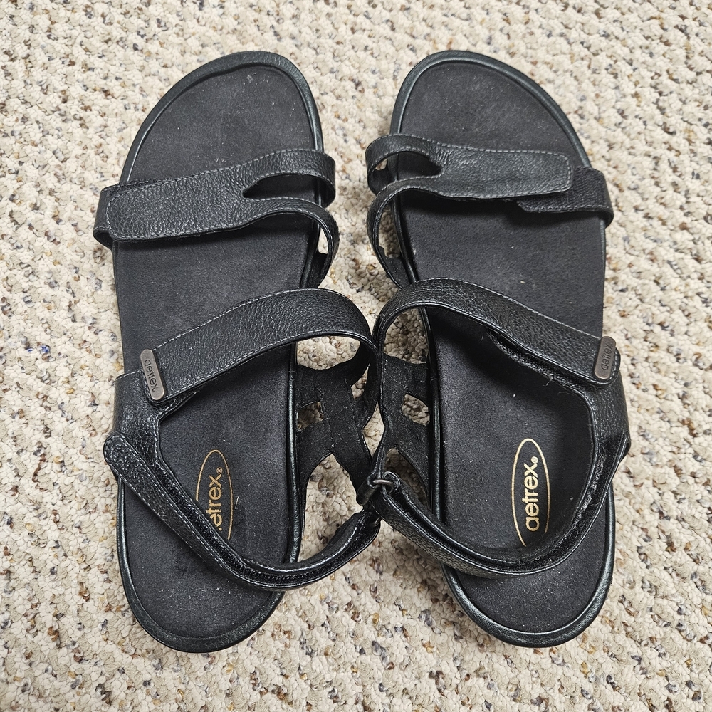Aetrex Brynn Quarter Strap Sandals Womens Size 10 Black Leather Shoes